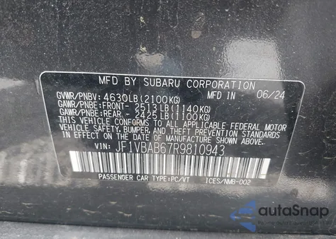 2024 Subaru Wrx из США, поврежденный, VIN JF1VBAB67R9810943